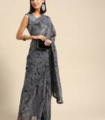 Grey plain chiffon saree with blouse