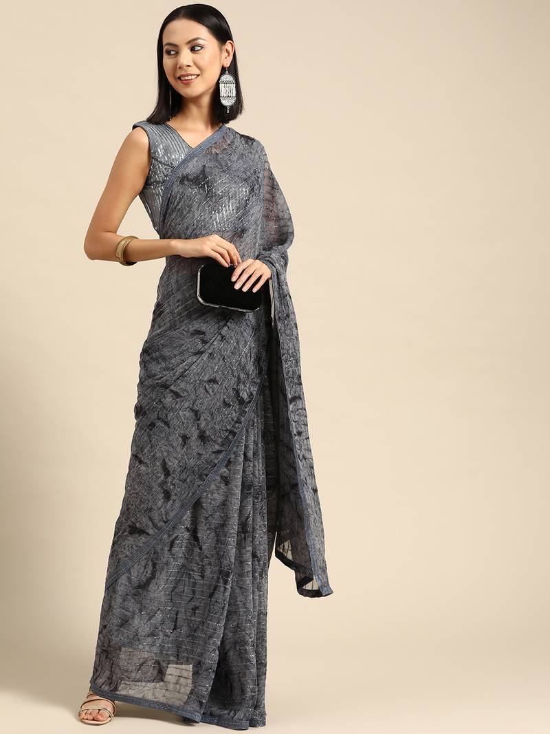Grey plain chiffon saree with blouse