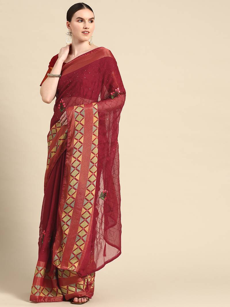 Maroon plain chiffon saree with blouse