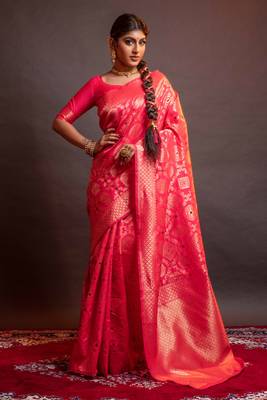 pink woven silk blend blend saree with blouse 1
