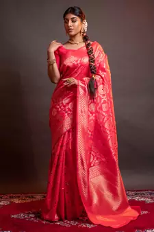 pink woven silk blend blend saree with blouse