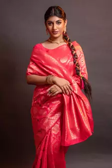 pink woven silk blend blend saree with blouse