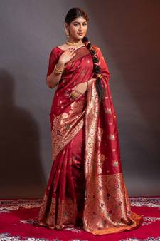 Red Banarasi silk blend Zari Woven Saree wih Blouse