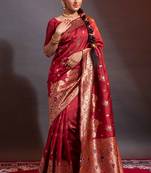Red Banarasi silk blend Zari Woven Saree wih Blouse