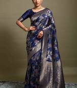 Navy blue woven banarasi silk saree with blouse