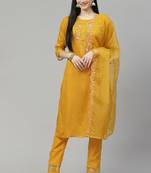Yellow Zari Embroidered Viscose Weaving Cotton Kurta Pant with Dupatta