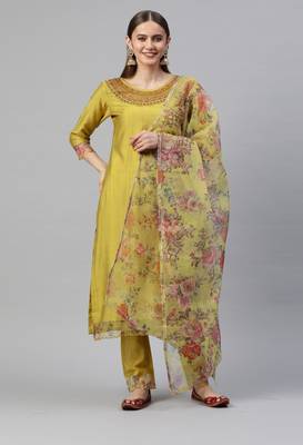 Green Sequence Zari Gota work Viscose Rayon Kurta Pant with Printed Dupatta 1