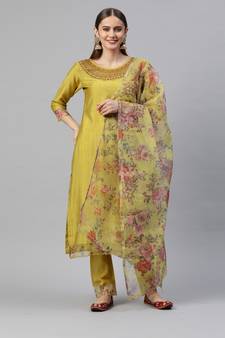 Green Sequence Zari Gota work Viscose Rayon Kurta Pant with Printed Dupatta
