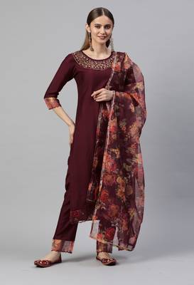 Maroon Sequence Zari Gota work Viscose Rayon Kurta Pant with Printed Dupatta 1