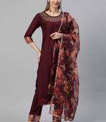 Maroon Sequence Zari Gota work Viscose Rayon Kurta Pant with Printed Dupatta