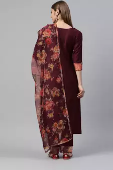 Maroon Sequence Zari Gota work Viscose Rayon Kurta Pant with Printed Dupatta