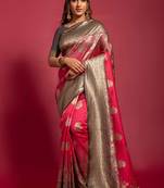 Pink woven Banarasi silk blend saree with blouse