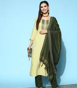 Lemon Green Sequence Weaving Embroidered Cotton Blend Straight Kurta Pant with Dupatta