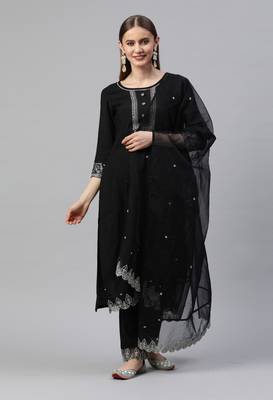 Black Sequence Embroidered Cotton Blend Straight Kurta Pant with Dupatta 1