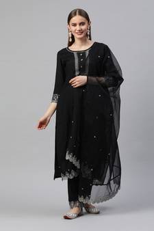 Black Sequence Embroidered Cotton Blend Straight Kurta Pant with Dupatta