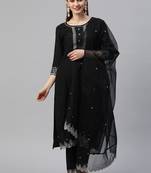 Black Sequence Embroidered Cotton Blend Straight Kurta Pant with Dupatta