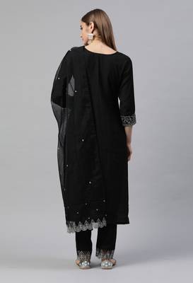 Black Sequence Embroidered Cotton Blend Straight Kurta Pant with Dupatta 2