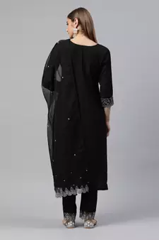 Black Sequence Embroidered Cotton Blend Straight Kurta Pant with Dupatta