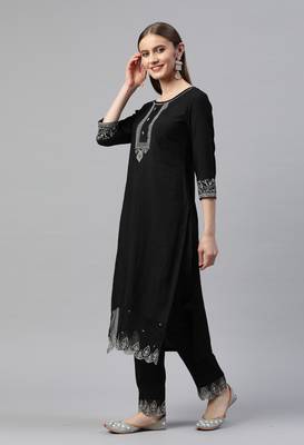 Black Sequence Embroidered Cotton Blend Straight Kurta Pant with Dupatta 3