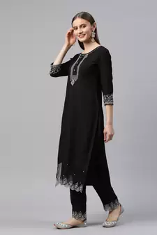 Black Sequence Embroidered Cotton Blend Straight Kurta Pant with Dupatta