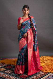 Blue woven Banarasi silk blend saree with blouse