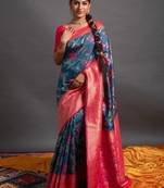 Blue woven Banarasi silk blend saree with blouse