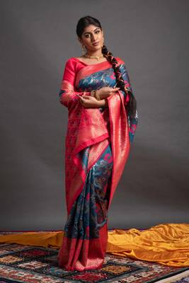 blue woven silk blend blend saree with blouse 2
