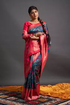 blue woven silk blend blend saree with blouse