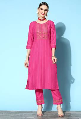 Pink Sequence Zari Gota Embroidered Cotton Blend Kurta Pant Set 1