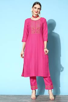 Pink Sequence Zari Gota Embroidered Cotton Blend Kurta Pant Set