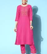 Pink Sequence Zari Gota Embroidered Cotton Blend Kurta Pant Set