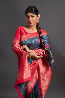 blue woven silk blend blend saree with blouse