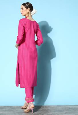Pink Sequence Zari Gota Embroidered Cotton Blend Kurta Pant Set 2