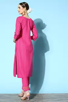 Pink Sequence Zari Gota Embroidered Cotton Blend Kurta Pant Set