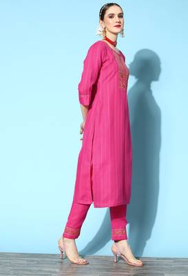 Pink Sequence Zari Gota Embroidered Cotton Blend Kurta Pant Set 3