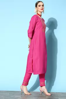 Pink Sequence Zari Gota Embroidered Cotton Blend Kurta Pant Set