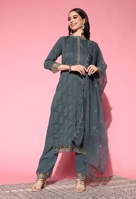 Grey Zari Sequence Embroidered Chinon Silk Kurta and Cut Work Pant with Dupatta 1
