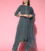 Grey Zari Sequence Embroidered Chinon Silk Kurta and Cut Work Pant with Dupatta