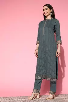 Grey Zari Sequence Embroidered Chinon Silk Kurta and Cut Work Pant with Dupatta