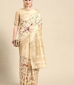 Cream embroidered cotton silk saree with blouse