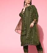 Olive Zari Sequence Embroidered Chinon Silk Kurta and Cut Work Pant with Dupatta
