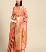 Peach embroidered cotton silk saree with blouse