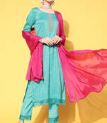 Turquoise Mirror work Gota Embroidered Chinon Silk Kurta Pant with Cut Work Dupatta