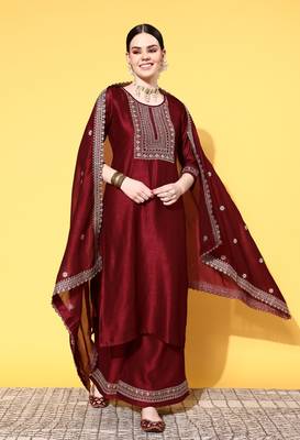 Maroon Zari Sequence Embroidered Chinon Silk Kurta Palazzo with Dupatta 1