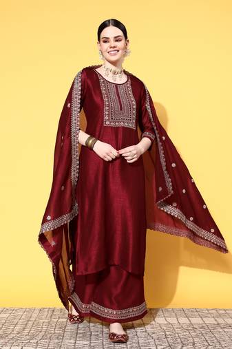 Maroon Zari Sequence Embroidered Chinon Silk Kurta Palazzo with Dupatta