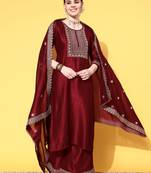 Maroon Zari Sequence Embroidered Chinon Silk Kurta Palazzo with Dupatta