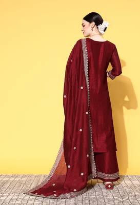 Maroon Zari Sequence Embroidered Chinon Silk Kurta Palazzo with Dupatta 2