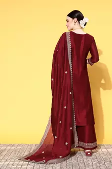 Maroon Zari Sequence Embroidered Chinon Silk Kurta Palazzo with Dupatta