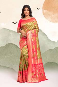Lime woven Banarasi silk blend saree with blouse