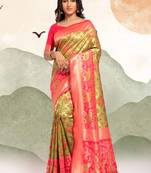 Lime woven Banarasi silk blend saree with blouse